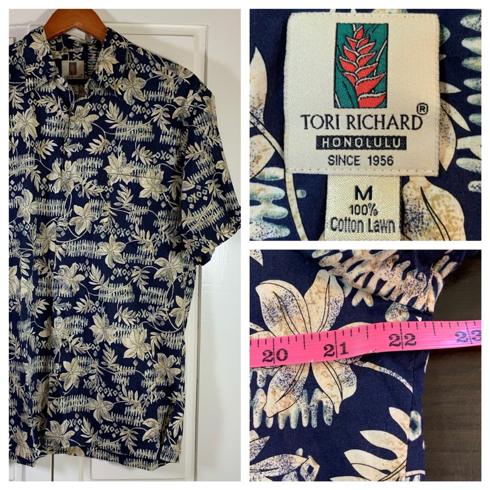 Tori‎ Richard Honolulu Floral Hawaiian Shirt Mens Medium Cotton Lawn Blue Tan